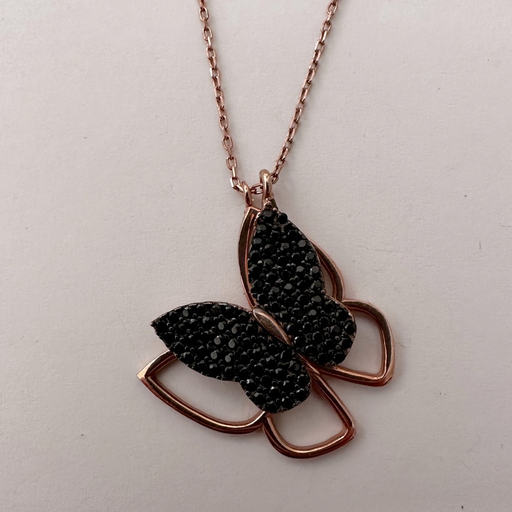 925 Silver butterfly necklace black cz 14k rose gold plated